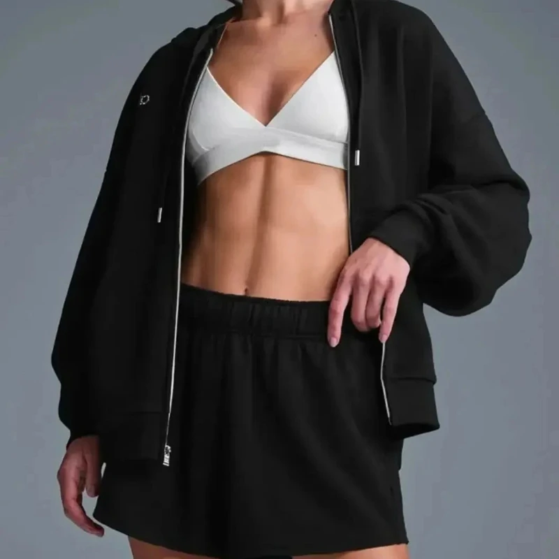 

Women's Casual Solid Color Sport Zipper Jacket Autumn 2025 Hooded Cotton Coat with Pocket Loose Fit Fashion Outerwear