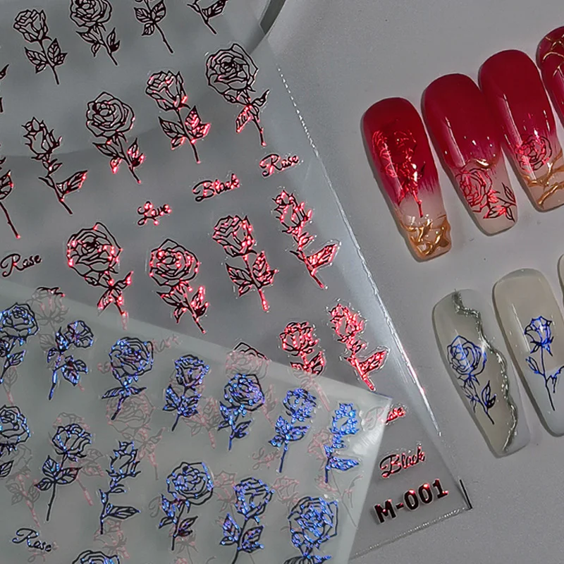 5D red and blue rose flower nail sticker accessories embossed manicure self-pressing nail decoration nail art slider decal