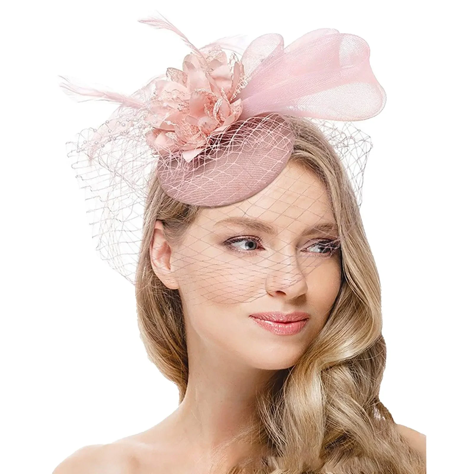 Tocado de velo para mujer, diadema de fiesta de té, sombrero de flores, cintas de malla, plumas, Clip para el cabello para boda, diadema de cóctel, accesorios