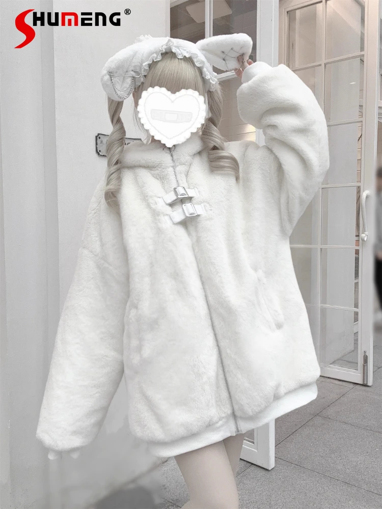 2025 الشتاء الأصلي اليابانية لوليتا معطف فروي أرنب الأذن مقنعين سستة بولي Buckle مشبك فضفاض تنوعا سميكة أفخم سترة للنساء #1