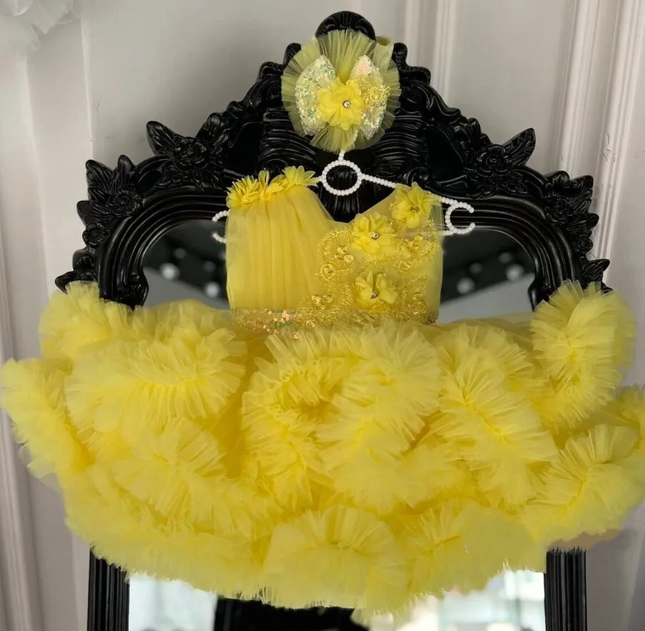 Yellow Ruffles Baby Girl Party Dress Kids Clothes Children Birthday Princess Wedding Prom Dance Costume 1-14 Year Vestidos