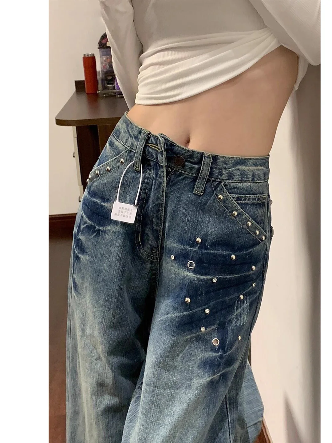 

Korean Style Heavy Embellished Wide Leg Denim Jeans Women's Autumn Winter New High Waist Loose Feeling Straight Floor Length ...