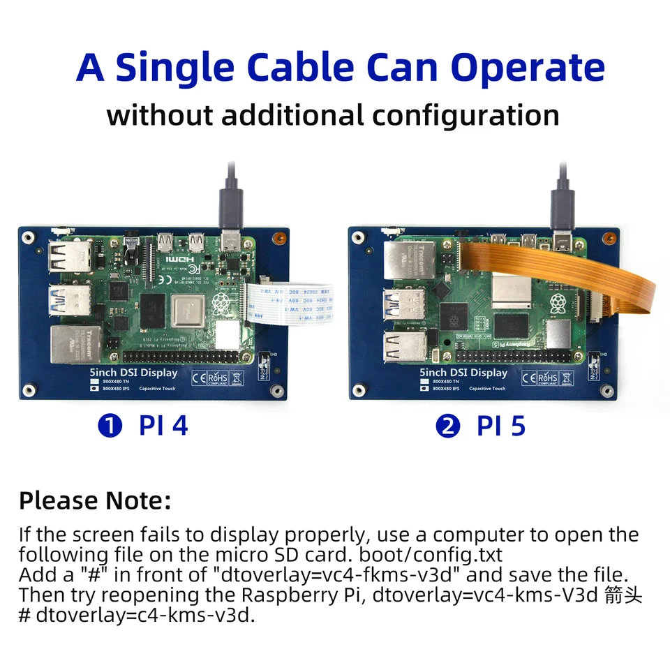 Pantalla táctil DSI de 5 puntos iPistBit 800x480 sin controlador, monitor IPS de 4.3/5/7 pulgadas para Raspberry Pi 5/4B/3B+/3B/3A+/2B/B+ 5