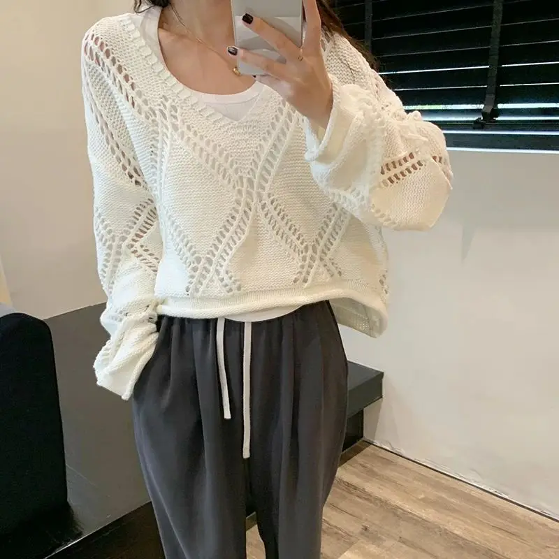 Soft Wind Hollowed Out Long-Sleeved Sweater Autumn New Sweet Spice Girl x Casual Short-Style Blouse Blouse Woman