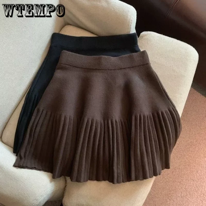 Khaki Knit Skirt Women\'s High Waist Pleated A-line Skirt Vintage Women Clothing