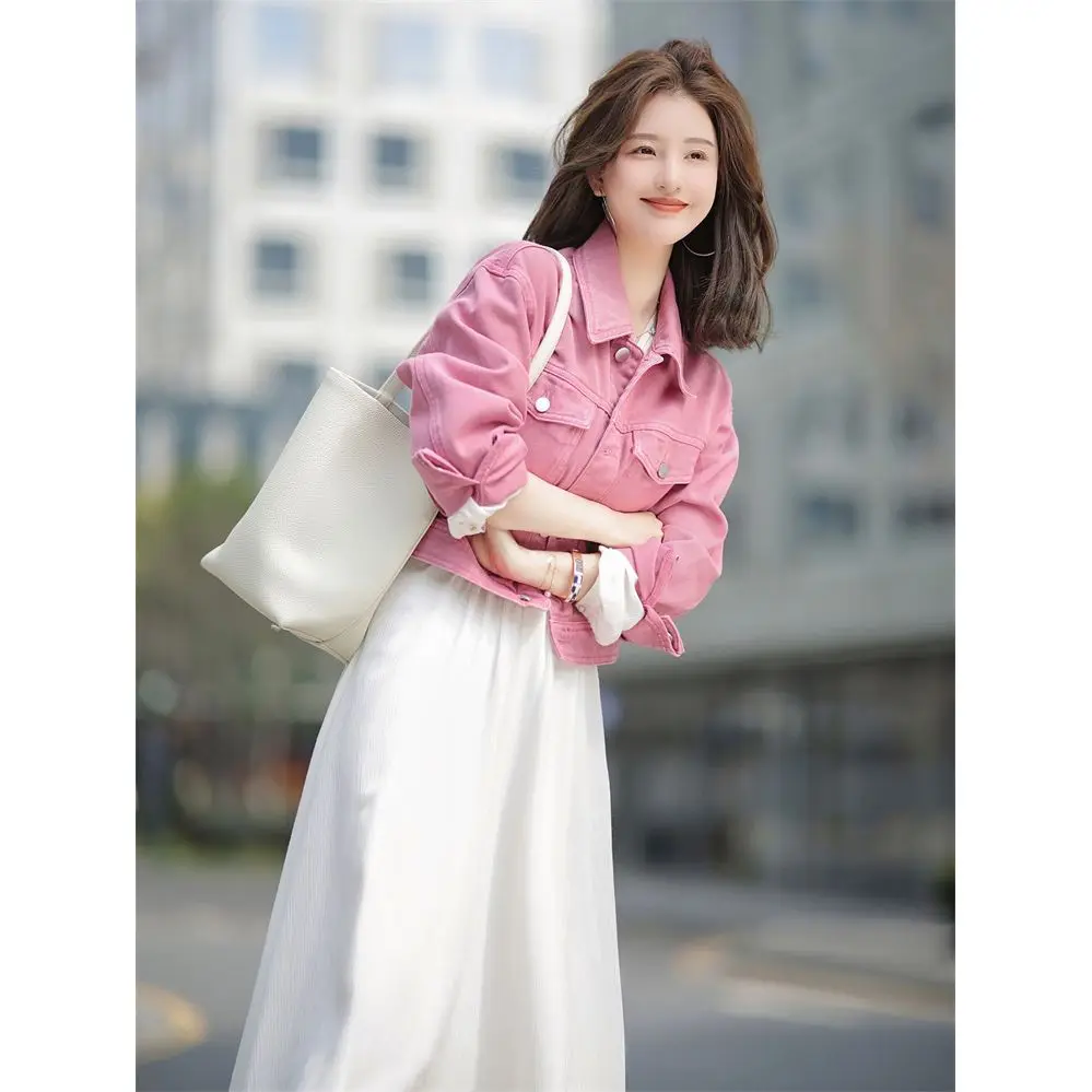 Giacca di jeans da donna a maniche lunghe primavera autunno moda coreana da donna tinta unita jeans corti capispalla cappotto da cowboy per il tempo libero femminile