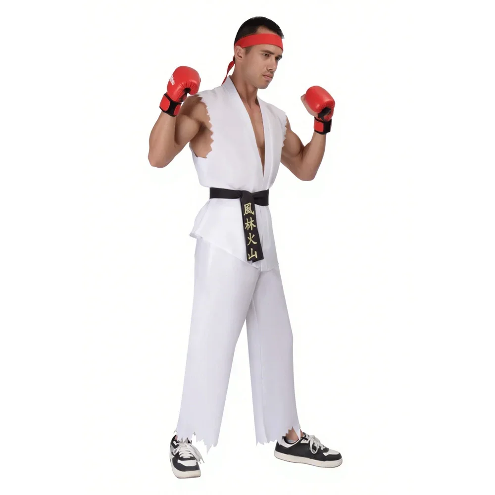 Men White Red Martial Arts Uniform With Belt Ryu Ken Cosplay Costume Street Fighter Inspired Outfit For Halloween Masquerade Fan view 2