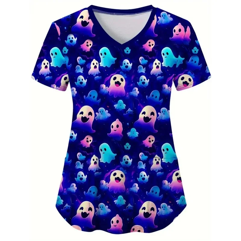 Halloween-themed women's short-sleeved medical workwearVComfortable pocket tie for daily wear by dentists and veterinarians