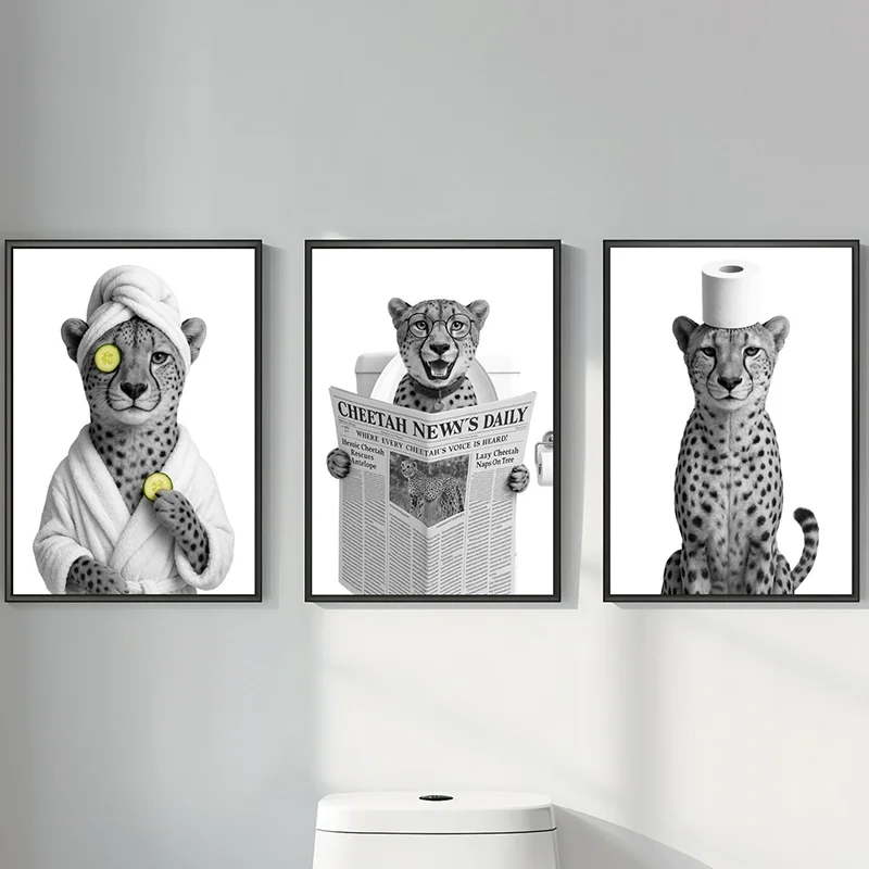 3PCS frameless decorative art print,3PCS Funny Cheetah Bathroom Prints  Bathroom Wall Art  Bathroom Wall Decor  Cheetah in Toile
