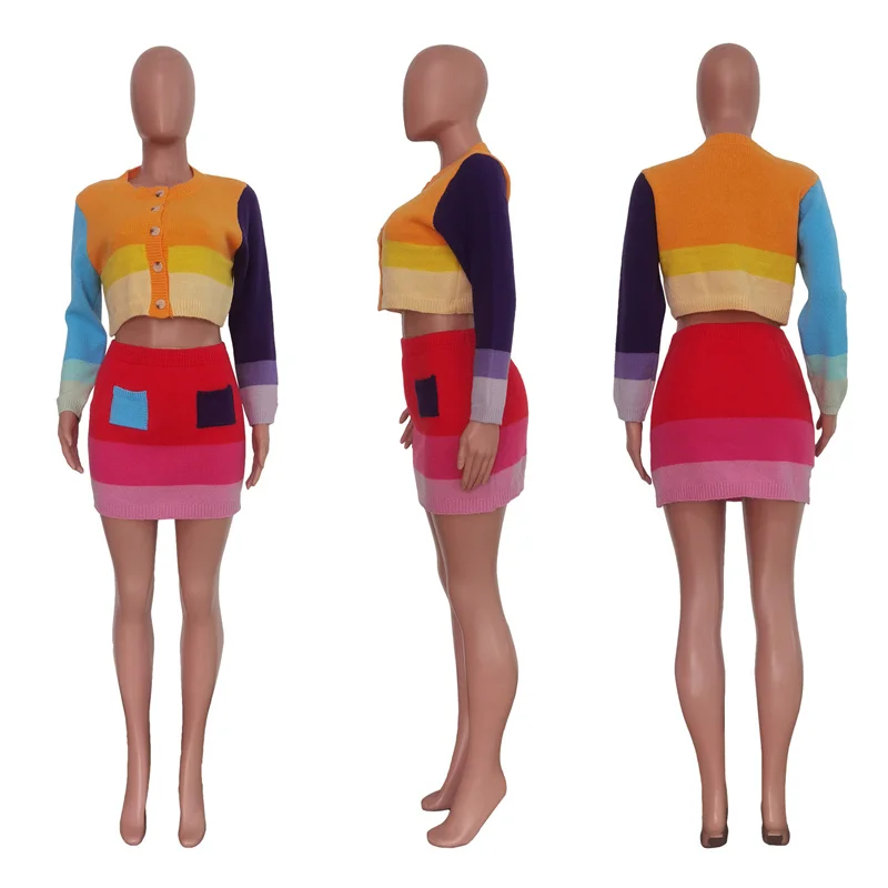 Ensemble pull et jupe en tricot multicolore pour femme, haut court et Mini jupe, tenue de Festival, de Club, de fête, 2 pièces, hiver 2022