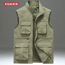 FGKKS Men Summer Leisure Fishing Vest Loose Fashion Multi-pocket Outdoor Vest Solid Color Thin Stand Collar Vest Men