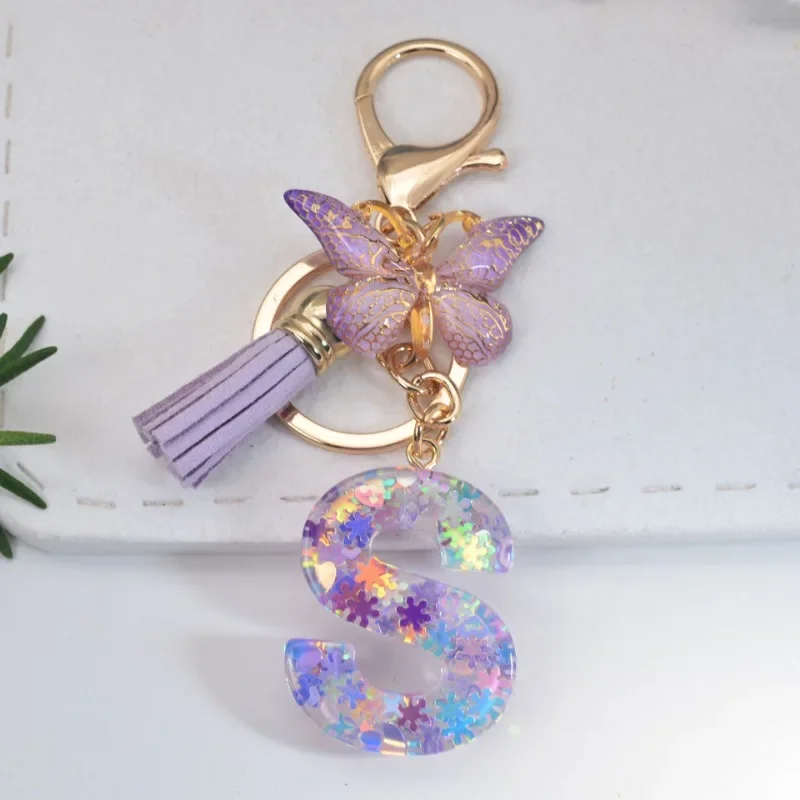 A-Z Dreamy Sequin Letters Keychain for Women Tassel Butterfly Pendant Initial Keyring Purse Suspension Bags Charms Car Key Chain