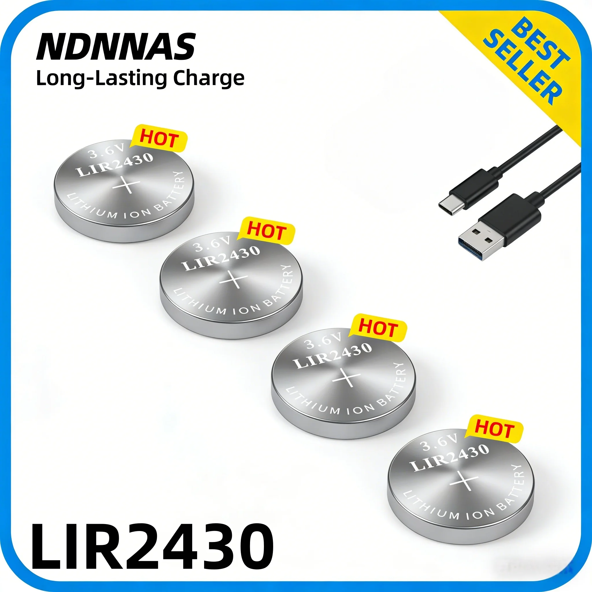 LIR2430 3.6V 60mAh Rechargeable Button Battery, Replaces CR2430 for Car Key Fob, Watch, Toys (1-50 Pcs)