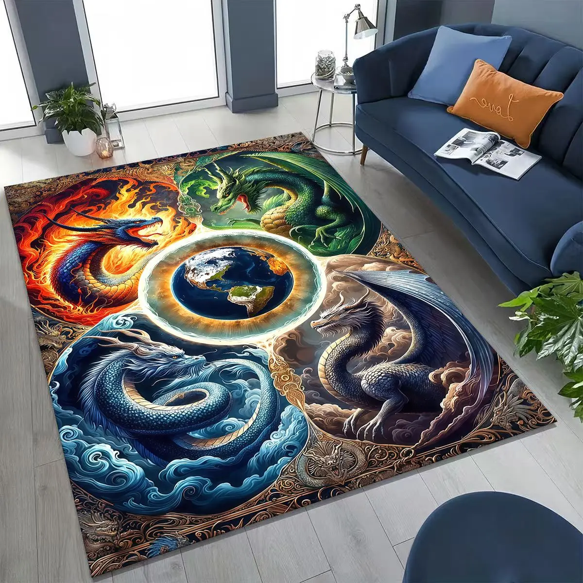 

Magic Dragon Mythology Art Chinese Loong Cartoon Rug for Bedroom Living Room Sofa Home Doormat Decor, Large Non-slip Floor Mat