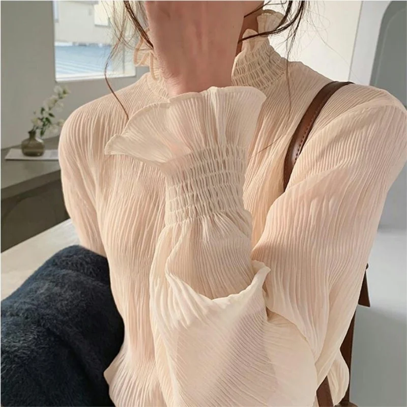 

Fashionable Mesh Base Shirt Women's Autumn Winter Long Sleeve Half High Collar Silk Georgette Inner Wear Handkerchief Sleeve