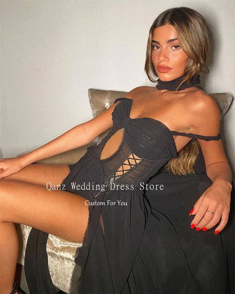 Qanz Sexy Long Evening Dresses Black Chiffon Off the Shoulder High Slit Lace Up Back Party Gown Customized Vestido De Noche