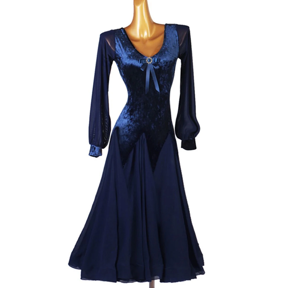 

Платье для соревнований по бальным вальсу, бархатное платье с объемными рукавами и v-образным вырезом, стандартное танцевальное платье для соревнований, темно-синее