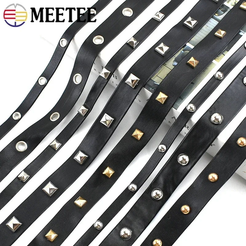 2/4/10Meters Meetee PU Leather Rope Ribbons Rivet Punk Eyelets Band DIY Bracelet Sewing Clothing Bags Strap Material Accessories