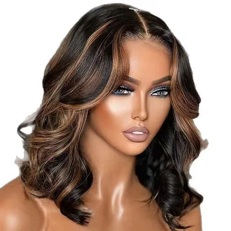 Wig Bob Fashion Rambut Asli Highlight Ombre 13x4 Body Wave HD Lace Front Wig Rambut Asli Bob Pendek Balayage Coklat Wig Rambut Asli