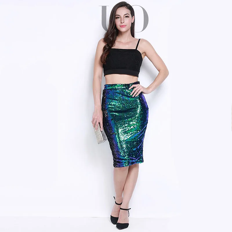 Fashion Sequin Slim Pencil Skirts Women Sexy Night Club Glitter Bodycon Skirts Ladies Elegany Zipper High Waisted Midi Skirt