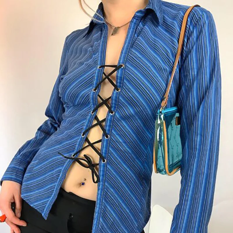 

90s Aesthetics Striped Printing Tie Up Top Y2K Fashion Turn-down Collar Long Sleeve Shirts Vintage Bandage T-shirts Sexy 2024