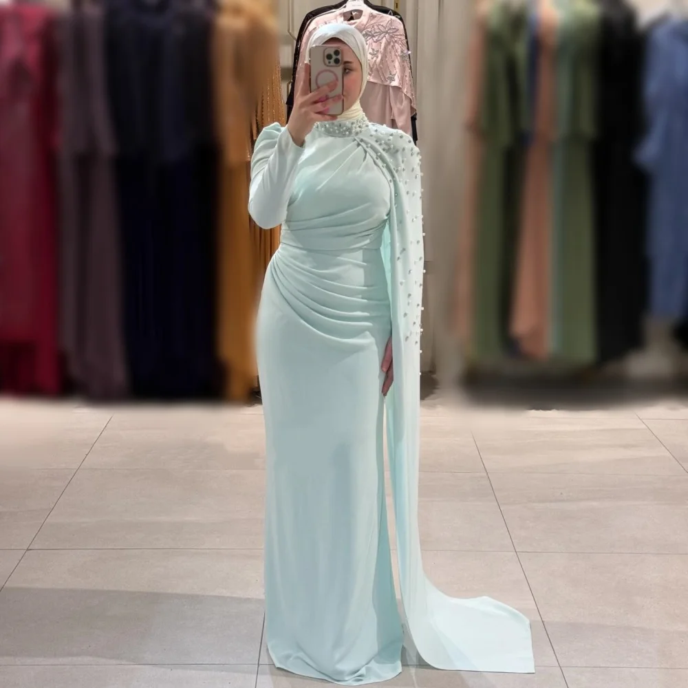 Maßgeschneidertes klassisches Abendkleid mit langen Ärmeln, Glitzerperlen, hohem Kragen, Falten, lange Kleider, elegant, für Party, Hochzeit, formell