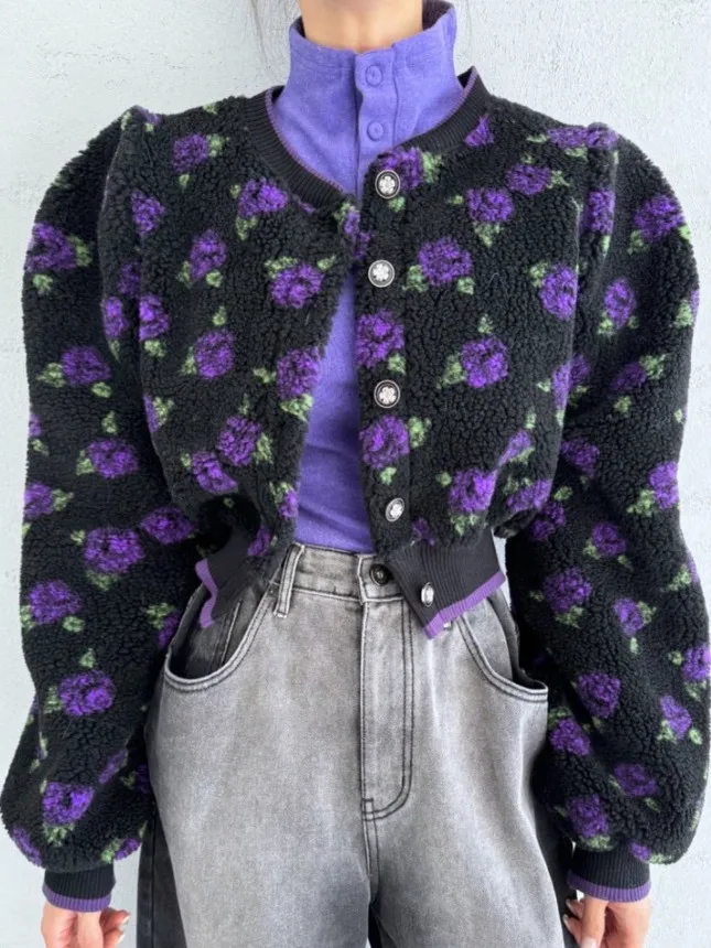 

Retro Spotted Color Blo Lamb Fur Jaet Women's Bubble Sve Design ort Outerwear Korean Sle Loose Fit Plant Floral