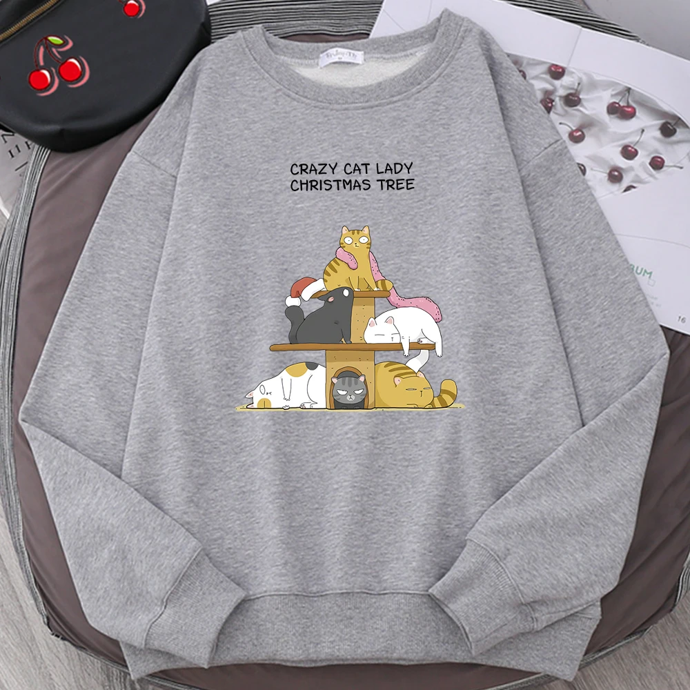 Crazy Cat Lady Christmas Tree Printed Mans Pullover Cartoons Autumn Warm Hoodie Casual Fashion Tops Oversize Fleece Men Clothing