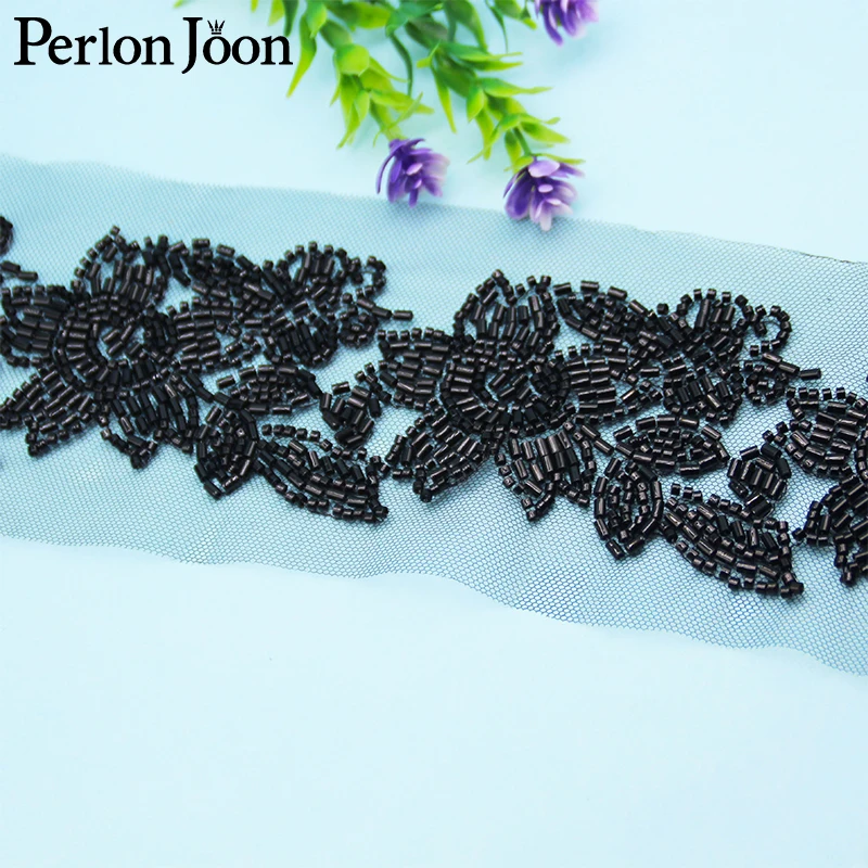 5 Yards Black Flower Shape Glass Bead Mesh Lace Imitation Handmade Trim DIY Sew Decorated for Belt Craft Dress Clothing HB095