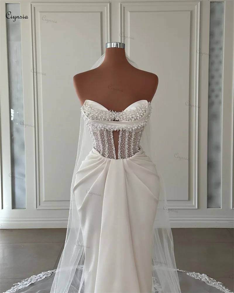 Ciynsia-Vestidos De Novia De sirena blancos, elegantes vestidos De Novia con perlas De lujo, vestido De Novia con velos 2024