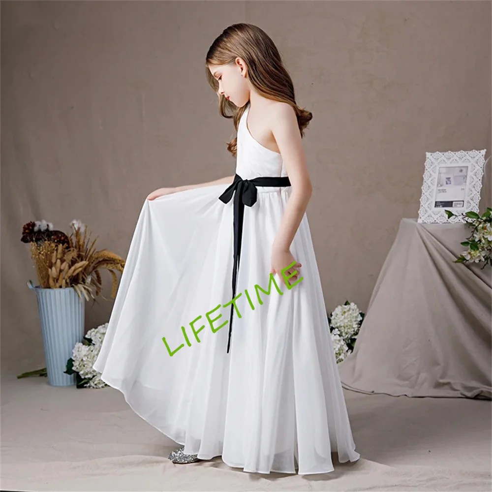 White Chiffon One Shoulder Flower Girls Dress Kids Birthday Party Junior Bridesmaid Gown First Communion