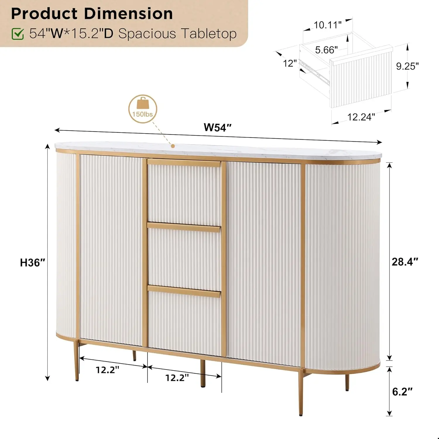 Modern Fluted Sideboard Console Table with Storage, 54