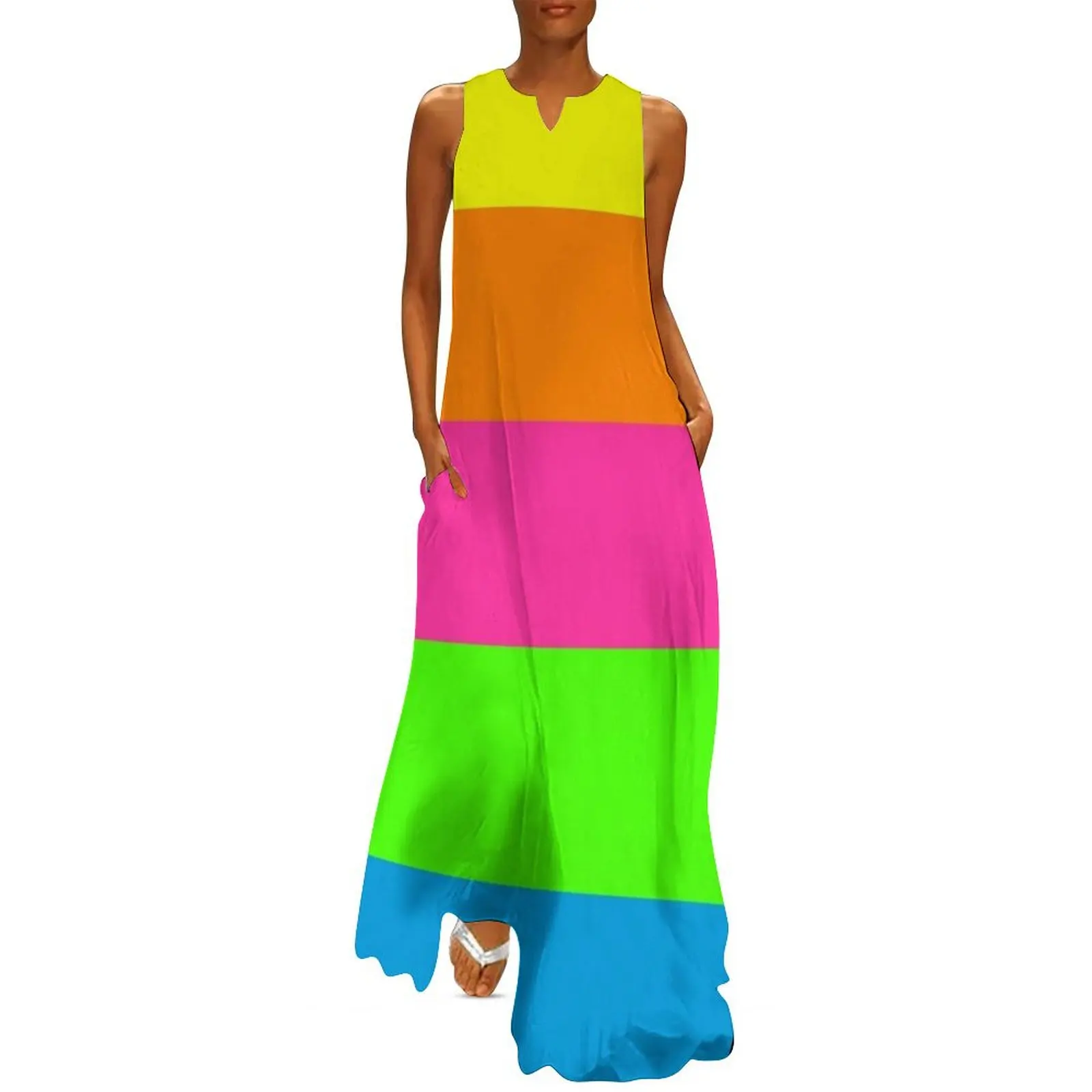 PLAIN SOLID NEON FLUORESCENT RAINBOW STRIPES 5 COLORS Long Dress dress party night party dresses woman