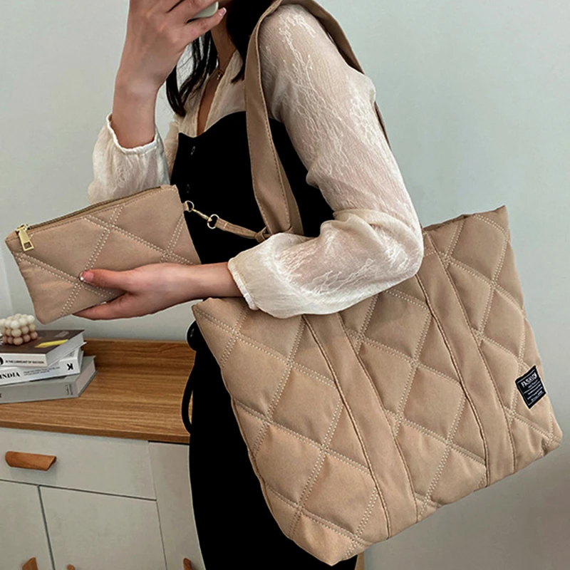 Women Handbag Fall/Winter Fashion Rhombus Space Cotton Suit Shoulder Bag Large Capacity Solid Color All-Match Shopping Tote Bag