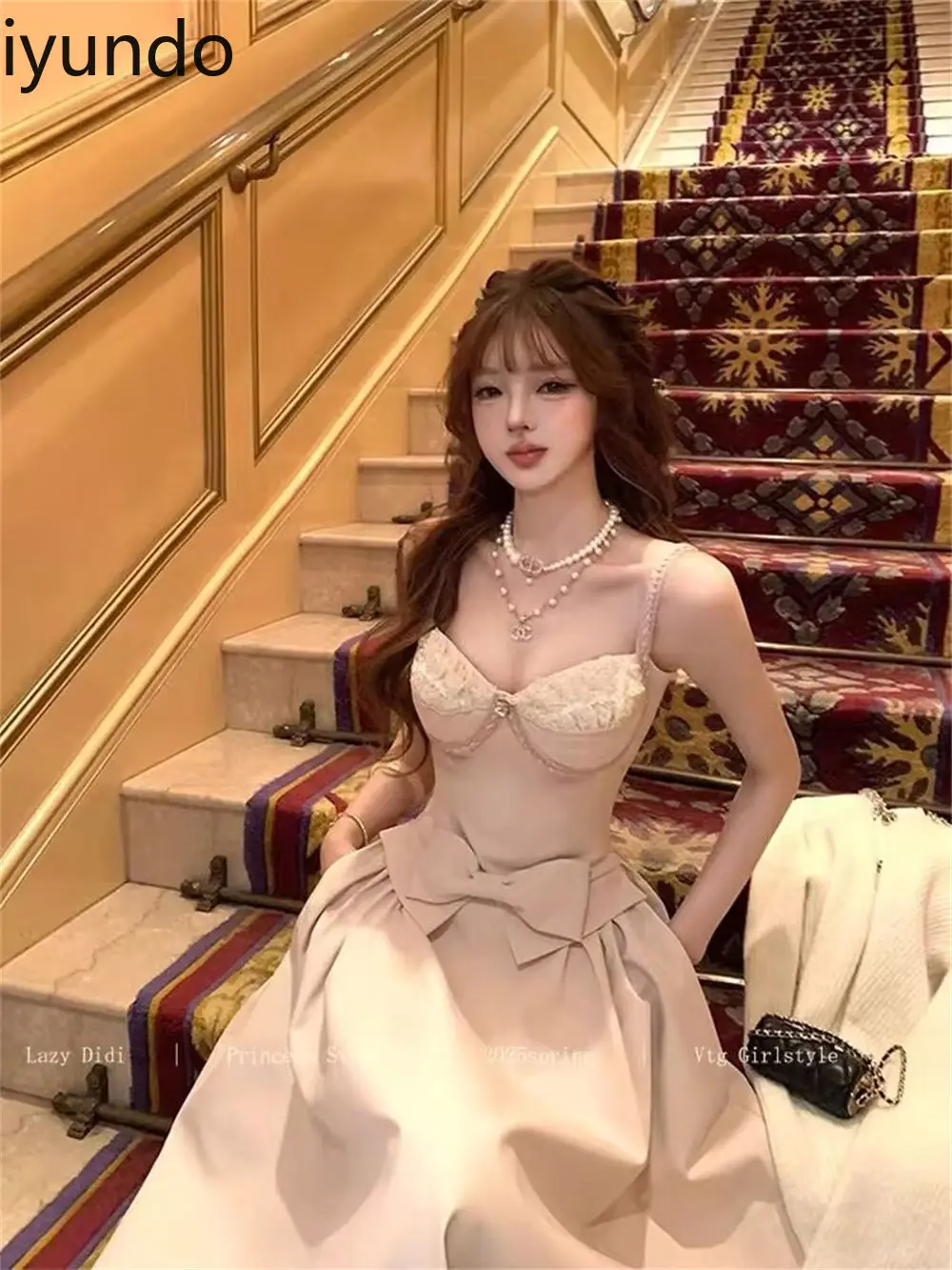 สไตล์ฝรั่งเศสหวานลูกไม้ Splicing Suspender Robe ฤดูร้อนใหม่สไตล์ลดอายุเอว Fairy ชุดยาว