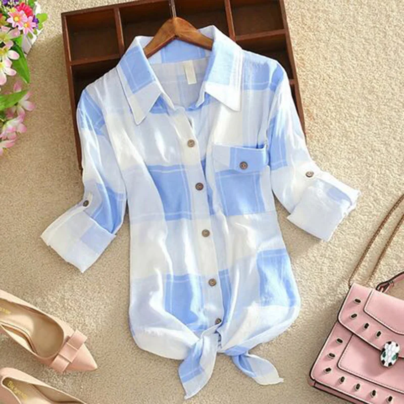 2024 Spring Summer New Cotton Large Loose Slimming Cardigan Top Women\'s Clothing Korean Casual Striped Checkered Shirt for Women