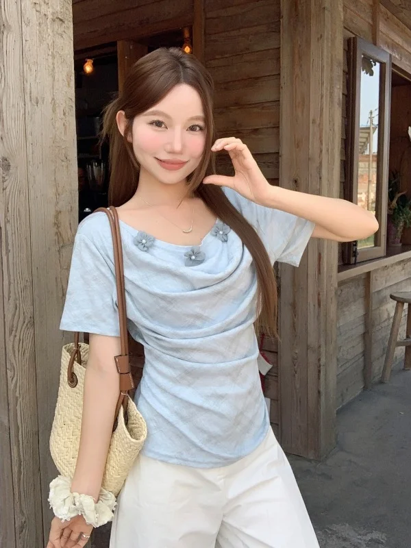 

Slim Fit Short Sleeve T-Shirt Women's Summer New Style Pure Desire Waist Cinching Pleated Floral Print Versatile Top