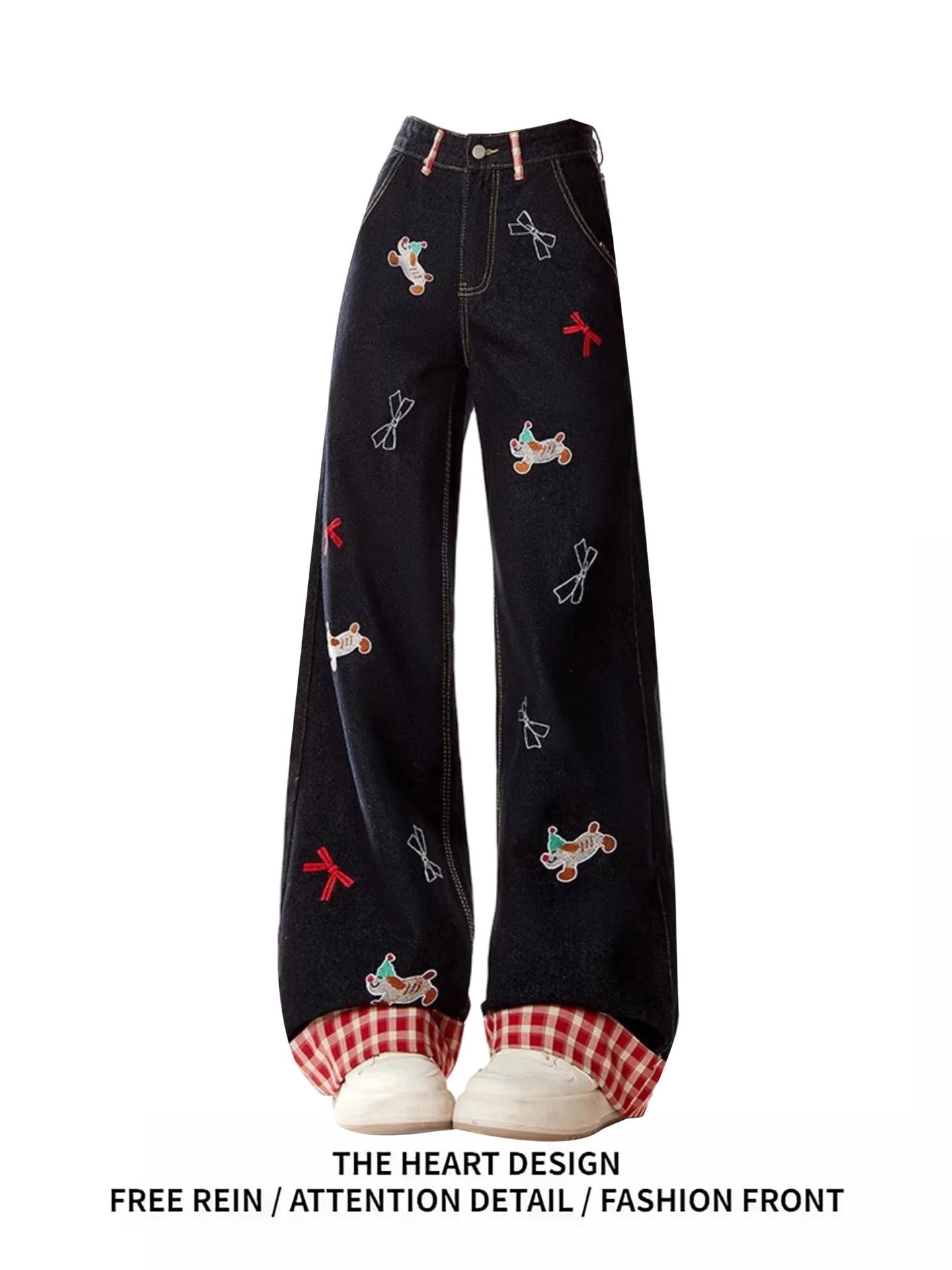 

American Sle Fun Cartoon Embroidered Patchwork Wide Leg Straight Cut High Waist Loose Fit Jeans for Women Autumn Season