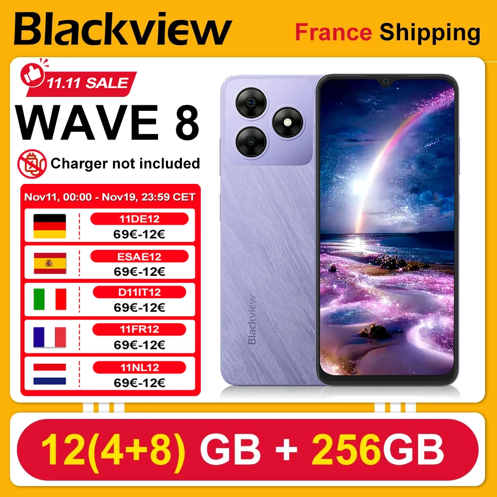 Smartphone Blackview WAVE 8 [pas de chargeur UE] 12 Go (4 + 8) 256 Go, 5000 mAh, appareil photo 13 MP, Android 14, empreinte digitale