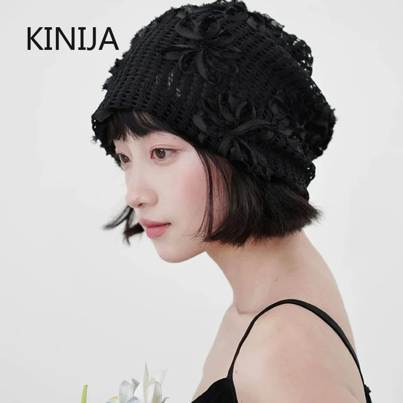 Fashionable Thin Lace Flower Pullover Hat for Women Japanese Spring Summer Headscarf Hat Mesh Hat Trendy Hollow Beanie Cap
