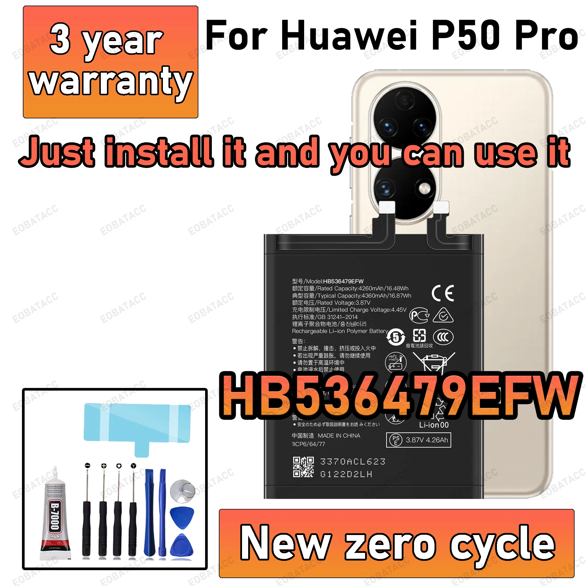 100% New High Capacity HB536479EFW Battery For Huawei P50 Pro Phone batteries batteria+Free Tools
