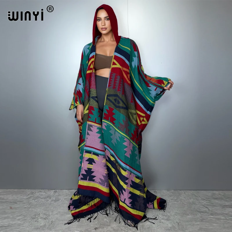 

WINYI African boho hooded winter cardigan woman abaya dress kaftan outfits for women coat Open Front Kimono long down poncho