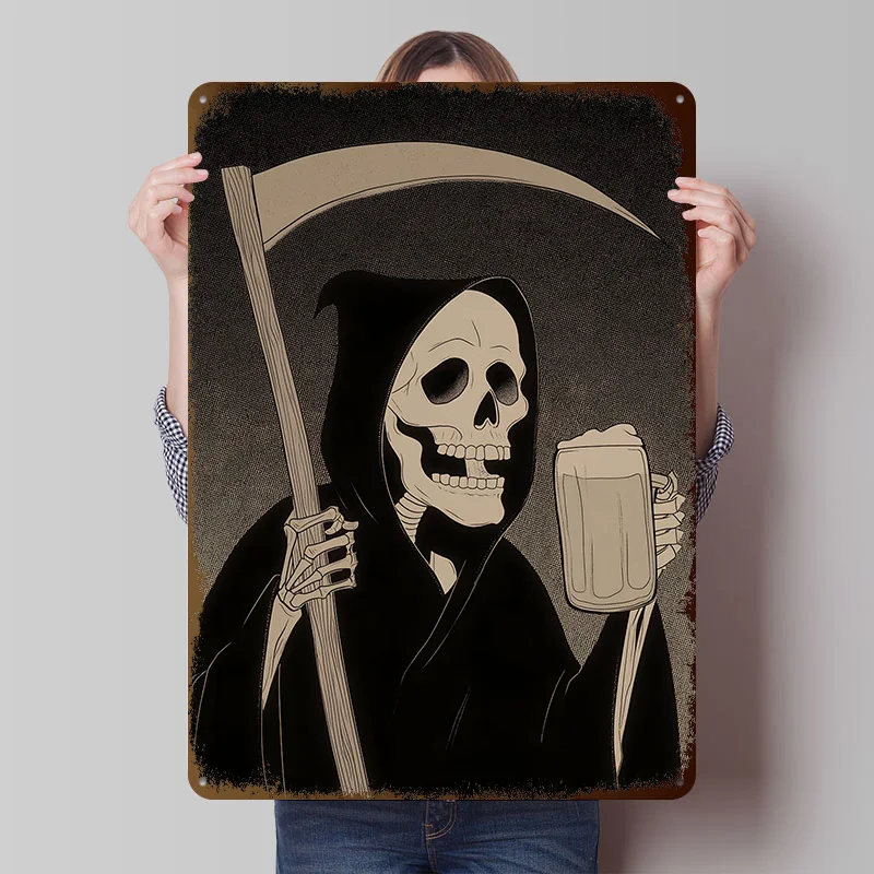 Grim Reaper With Beer Metal Poster Custom Wall Art Retro Vintage Tinplate Signs for Man Cave Bathroom Decor Decoration Bedroom