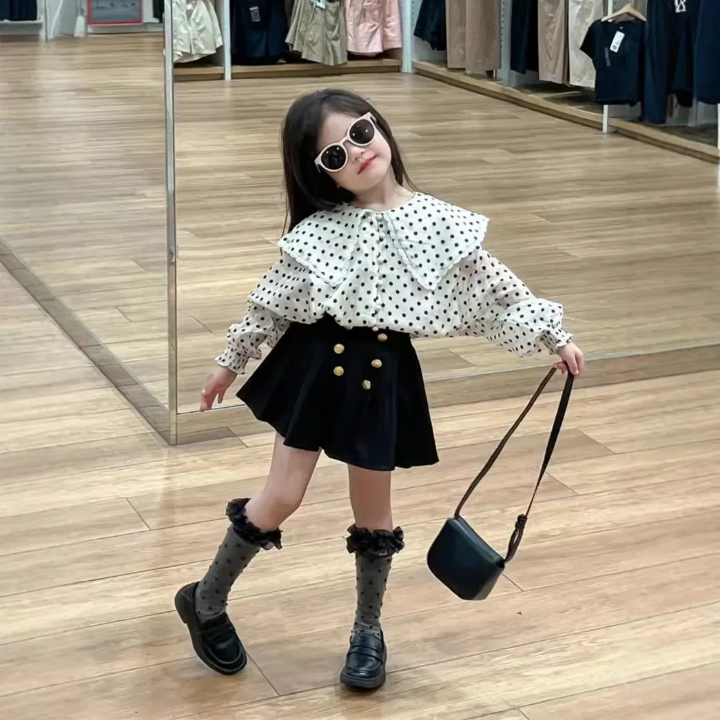 Girls Shirt 2024 Autumn New Childrens Wear Korean Style Baby Girl Lace Big Lapel Flock Polka Dot Long Sleeve Shirt Casual Simple