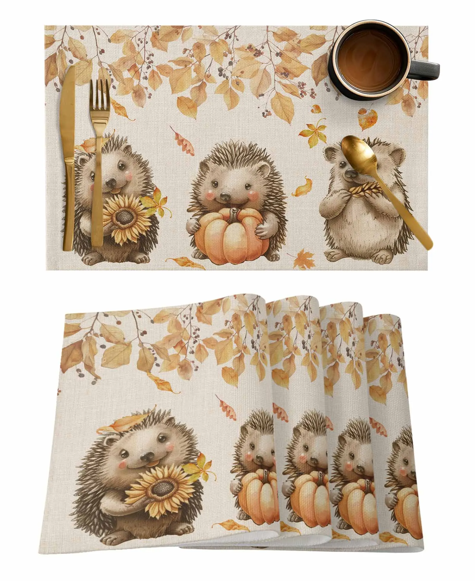 4/6 Pcs Fall Pumpkin Mushroom Hedgehog Kitchen Placemat Dining Table Decor Table Mat Home Decor Coffee Tea Pad Cup