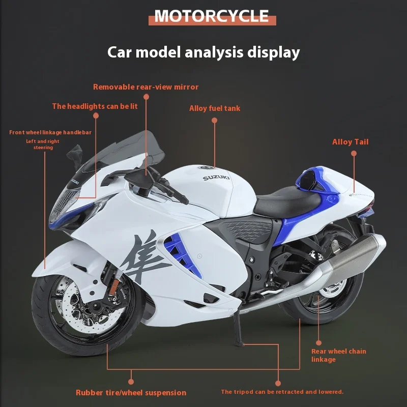 1:9 Suzuki Hayabusa GSX-1300R Alloy Motorcycle Diecast Model Soung & Light Toy Collect Display Ornament Gift Box for Children