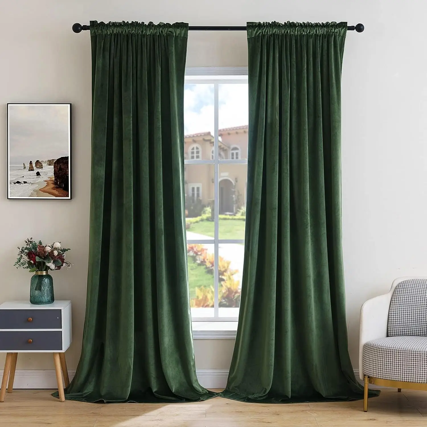 

Olive Green Velvet Curtains Thermal Insulated Blackout Drapes for Bedroom Living Room 132 Inches Long Set of 2