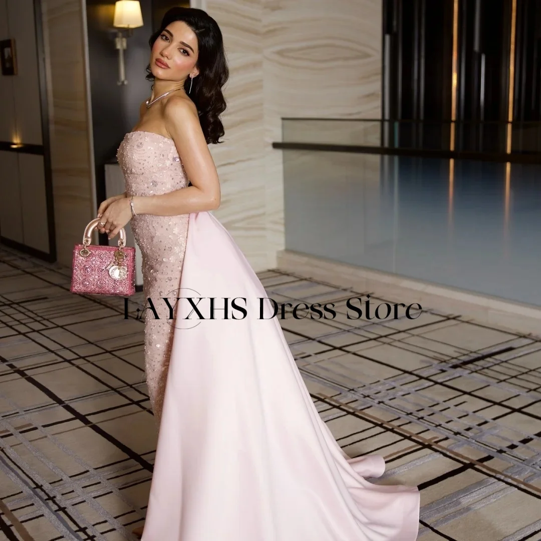 Layxhs lindo rosa glitter sereia vestidos de noite sem alças frisado tornozelo comprimento tribunal trem vestidos de baile personalizado