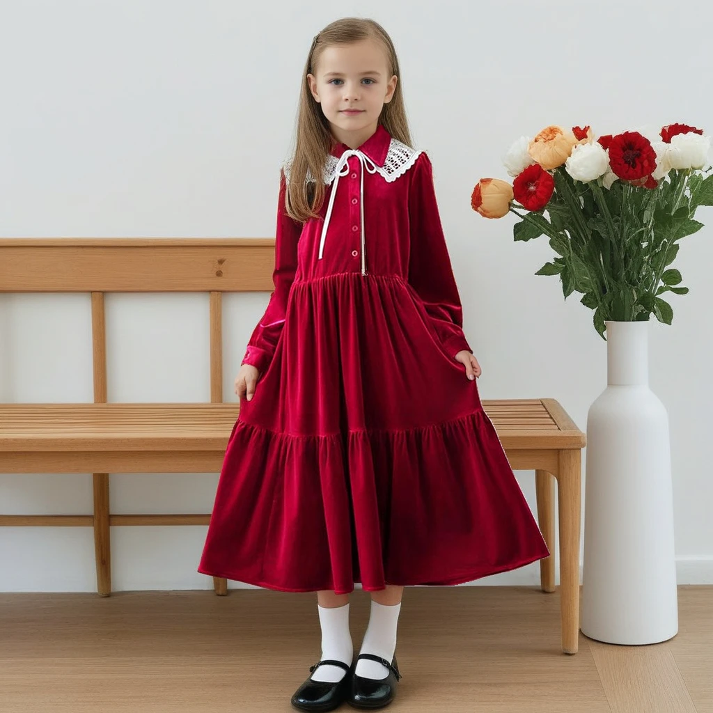 

Teen Girls Dress 2025 Spring Red Velvet Long Sleeve Princess Dresses 4-14 Y Kids Lace Neck Elegant Party Evening Gown Costumes