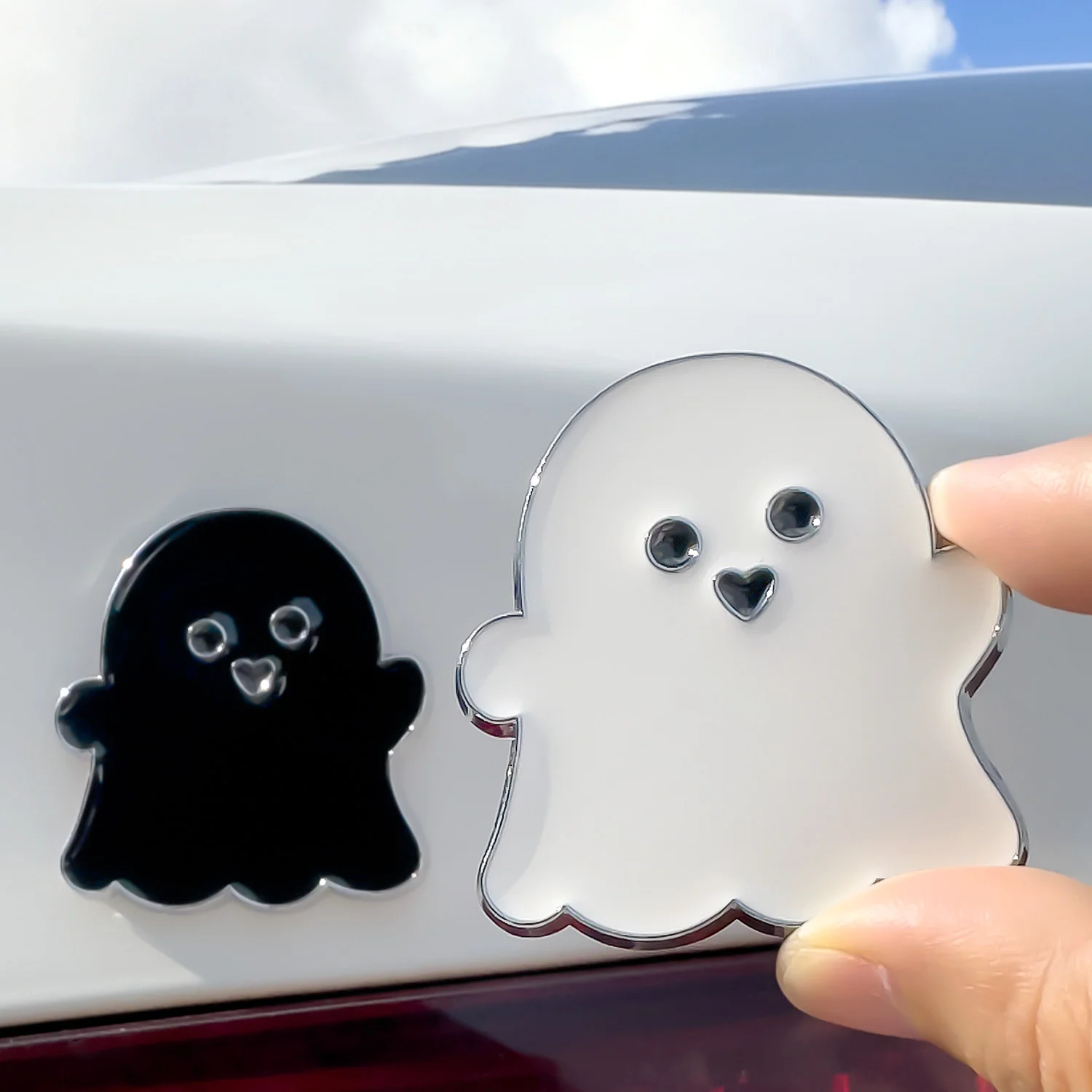 Cute Ghost Metal Car Sticker 3D Black & White Waterproof Decal for Couples Auto Motorcycle Body Decoration